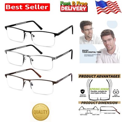 Lightweight Metal Rectangle Semi Rimless Readers - Anti Eyestrain 3 Pack for Men