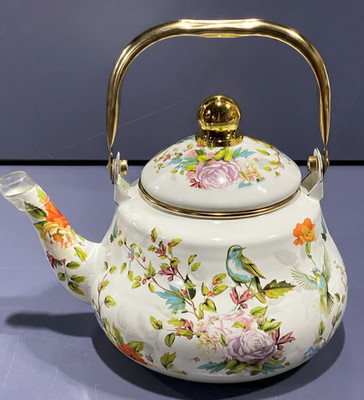 Retro Floral Emaille Teekanne mit Goldgriff, Herdplatte Rostfrei Glocke Wasserkocher