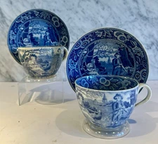 Staffordshire Woodman Transferware 4 pc Oversized Cups & Saucers c. 1810