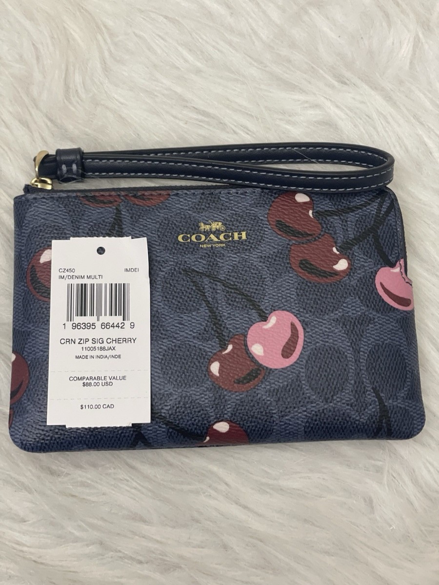 NWT Coach Corner Zip Wristlet In Signature Canvas With Cherry