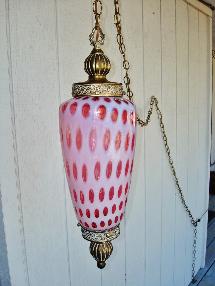フェントン fenton 吊り下げランプ コインドット USA 一生物 WORKING Vintage Fenton Cranberry Opalescent Coin Dot Hanging