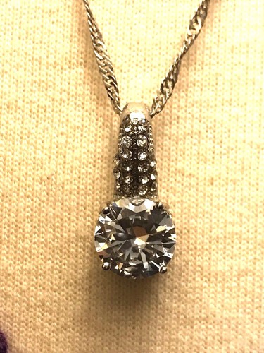 18K White Gold Over White Cubic Zirconia Crystal German Silver Pendant w/ Chain - Picture 9 of 9