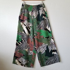 Tahari Womens L Wide Leg Linen Blend Pants Tropical Print Elastic Waist Pockets