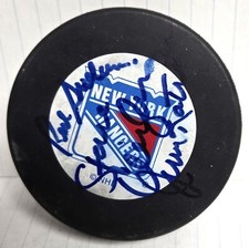Steve Vickers Red Sullivan Jean Ratelle autographed hockey puck New York Rangers