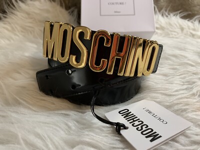NWT Authentic Moschino Ladies Black Leather Silver Logo Belt