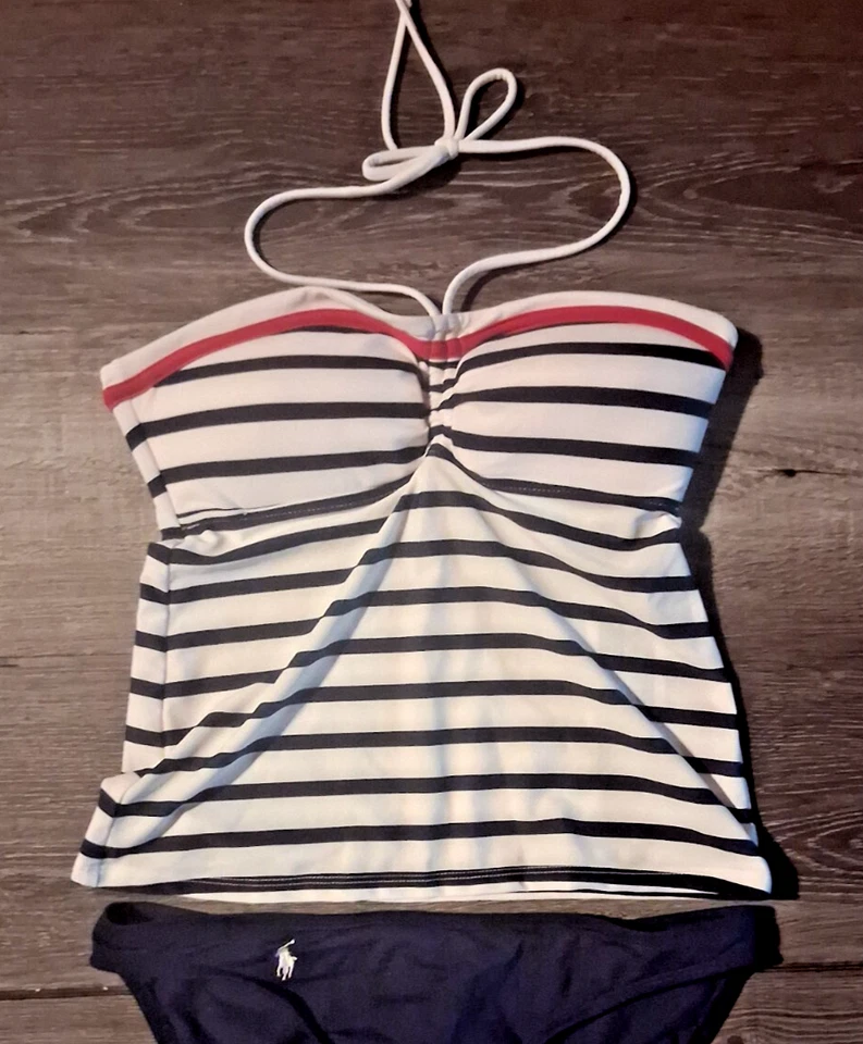 NUEVO RALPH LAUREN Tankini Traje de Baño Bandeau Sin Tirantes Pequeño Rojo Blanco Azul Foto 3 de 4