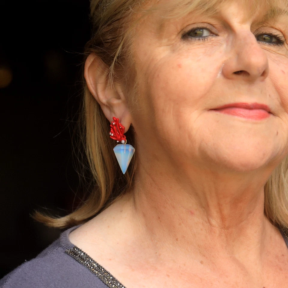 Ohrringe Clip Auf Koralle Emaille Rot Konische Stein Mond Syn. DZ1 - Bild 2 von 4