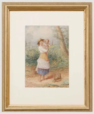 Henry E Hobson (fl. 1857-1866) - Framed Watercolour, Playing Fetch