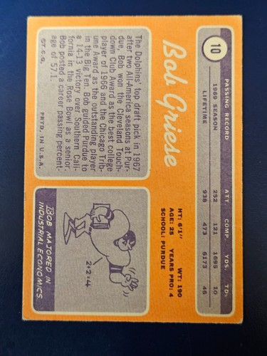 1970 Topps Football Card #10 Bob Griese Miami Dolphins Low Grade G/F/P See Pics - Picture 2 of 2
