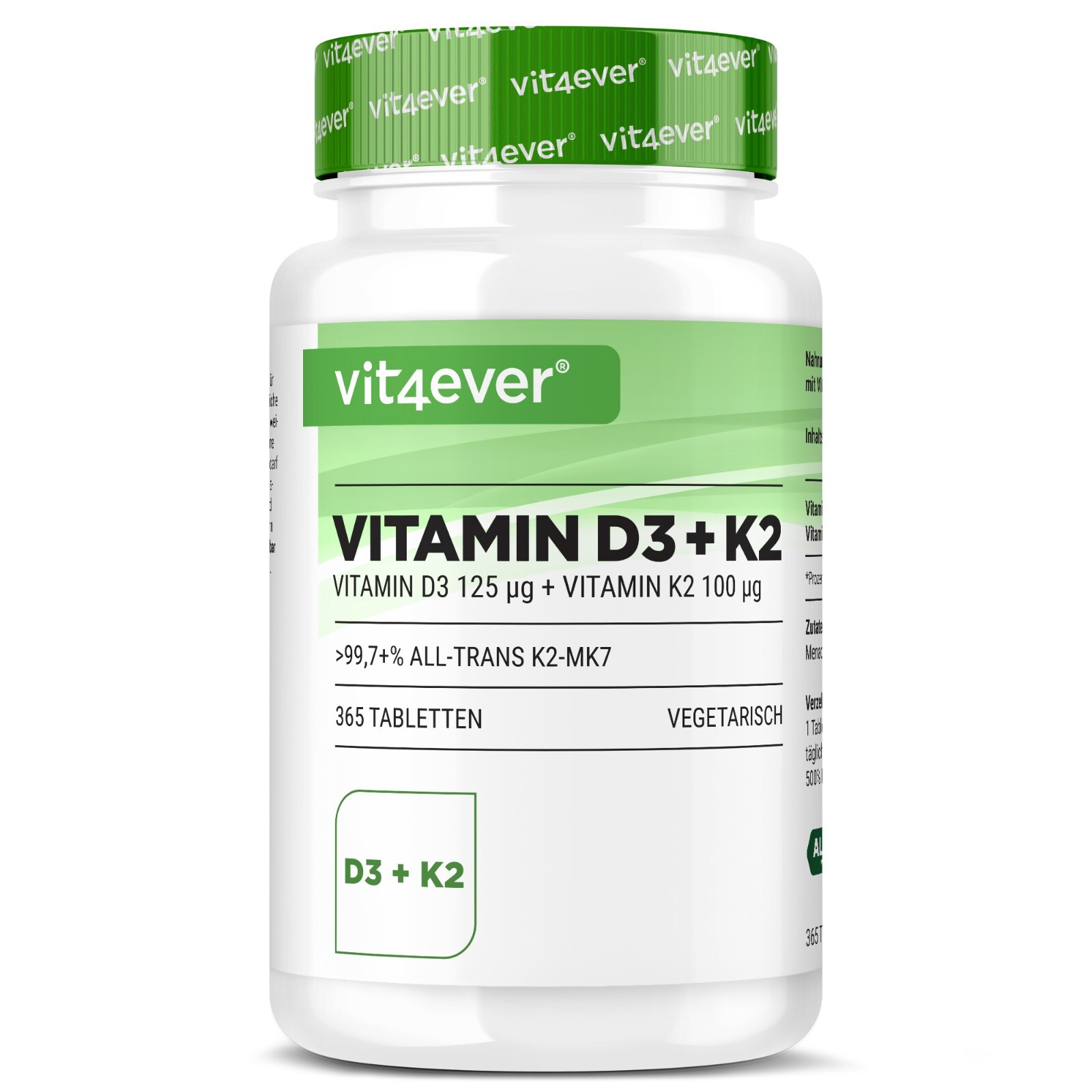 Vitamina D3 5000 UI + Vitamina K2 100 mcg 365 Comprimidos MK7 All-Trans