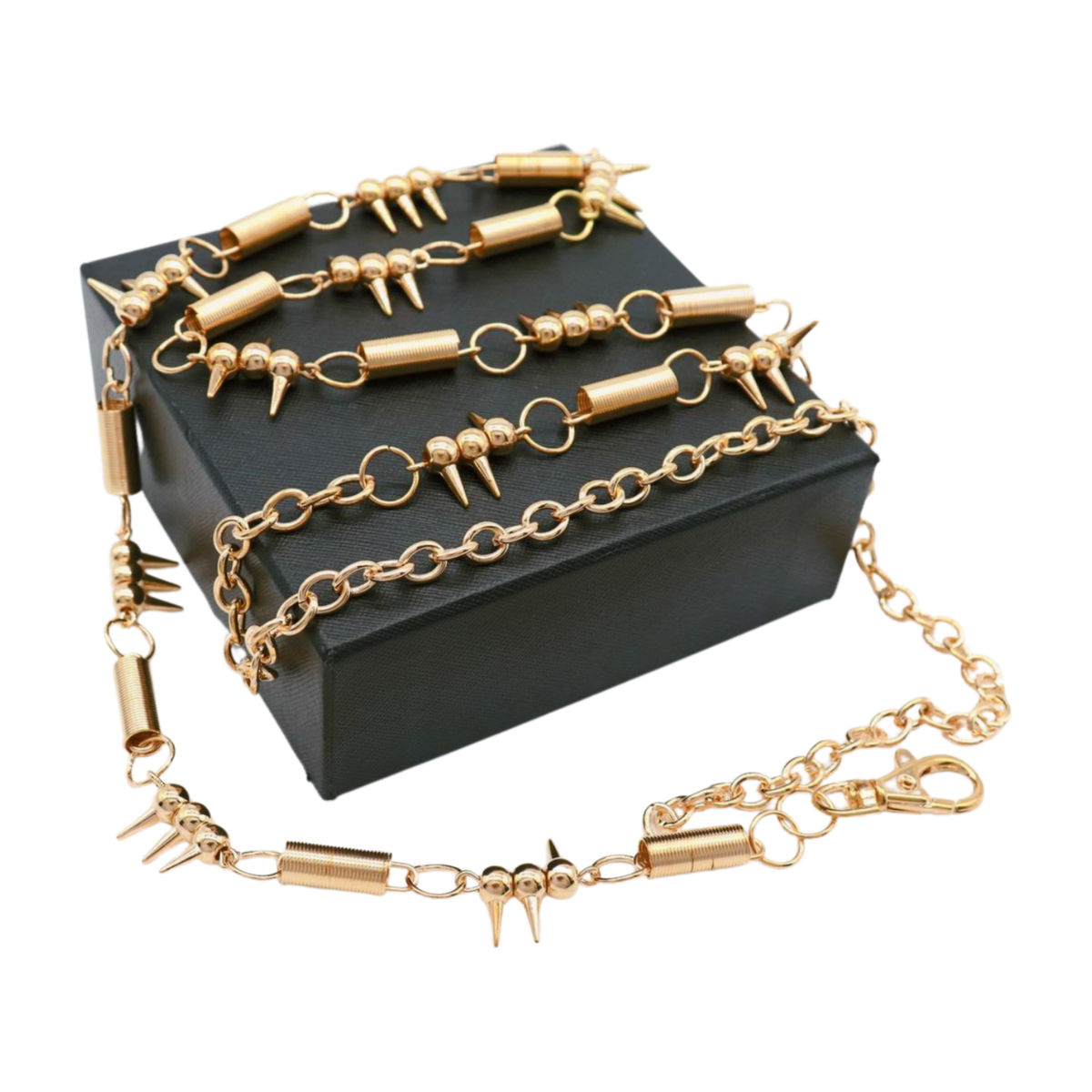 Women Gold Metal Chain Narrow Waistband Belt Spike Horn 