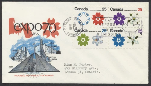 1970 #508-511 EXPO'70 Osaka Japan FDC Block Cole Cachet Ottawa