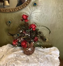 Modern Peacock Feather Floral Arrangement with Red Rose Flowers Baby  s Breath