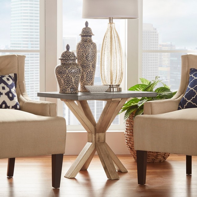 Industrial Zinc Top Weathered Oak Trestle End Table