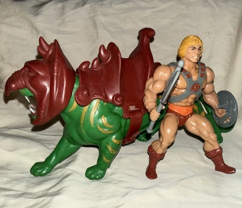 He-Man & Battle Cat 100% Complete Vintage 1982 Soft Head Taiwan Figures W/ Stand