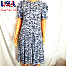 VTG 80s Paquette  Women's Dress SZ S Blue Floral Midi Zip Prairie Puff Sleeve