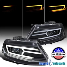 For 2016-2018 Chevy Camaro LED DRL Black Projector Headlights Sequential Signal