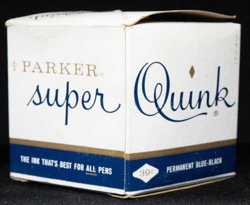 Parker Super Quink blau-schwarz Tintenglas im Originalkarton leer