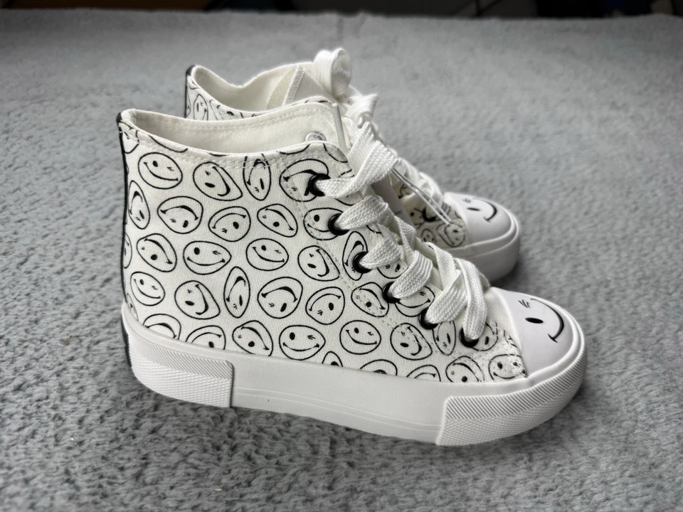 Joe Zapatos Boxer Mujer Talla 2 Cara Smiley Parte Superior Alta Lona Divertido Estampado Tenis Foto 4 de 4