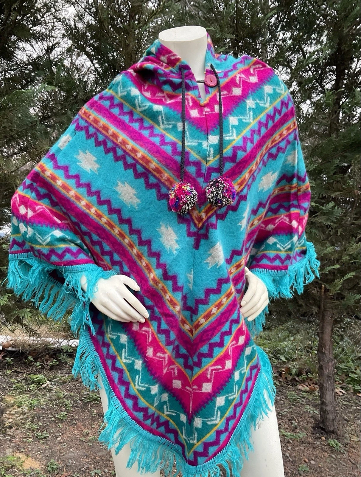 Alpaca Wool Poncho, V Shaped Style, Cyan, Lightweight But Super Soft & Warm