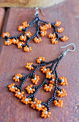 African-Beaded Branch Flower Earrings- Handmade in Kenya- New- Black/ Orange