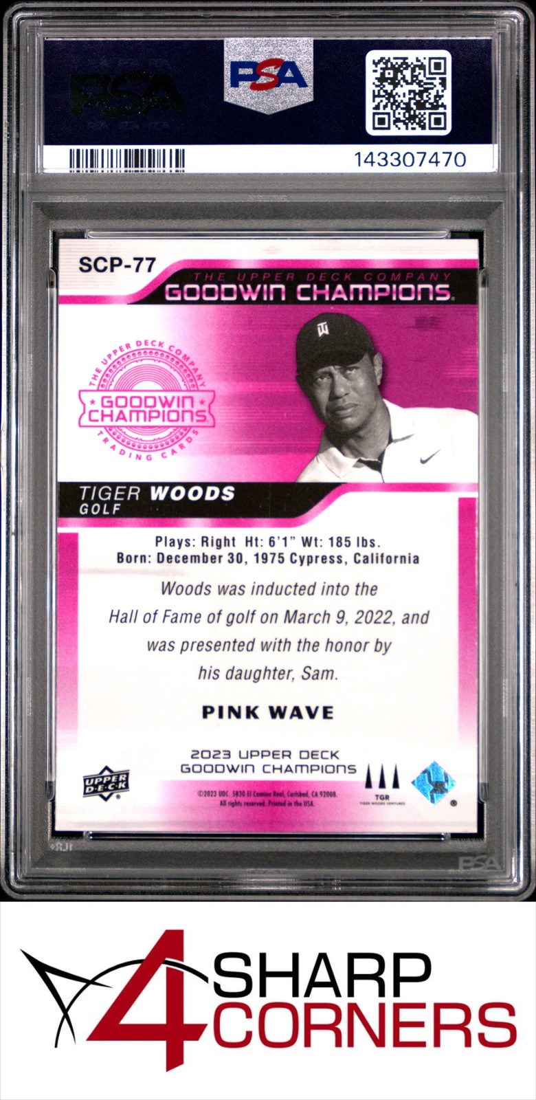 2023 UPPER DECK GOODWIN CHAMPIONS PLATINUM PINK WAVE #SCP77 TIGER WOODS PSA 10 view 2