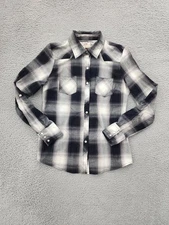 Arizona Jean Company Shirt Womens Large Black White Plaid Western Button Up