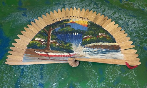 Vintage Hand Painted Bamboo Folding Fan Philippines Boat Wooden Antique 25"
