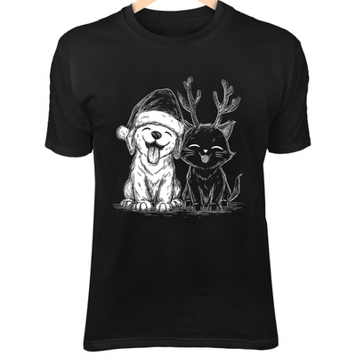 Christmas Dog & Cat Line Art - Cute Minimalist with Santa Hat & Reindeer Antlers