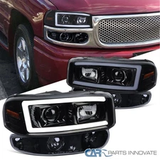 Fit 2000-2006 Yukon Denali Black Smoke Projector Headlights LED Bar+Bumper Lamps