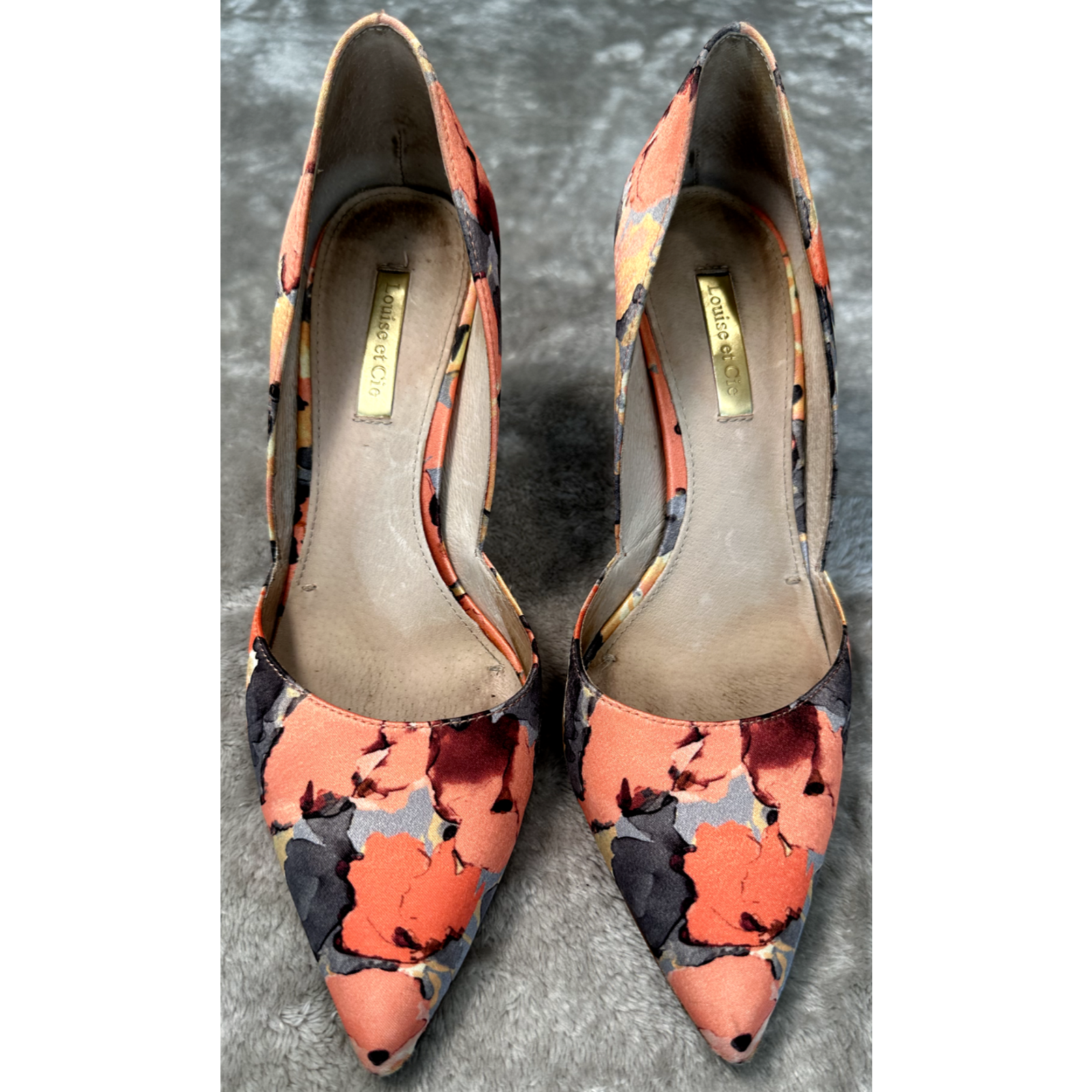 Louise et Cie Hermosah Satin Floral Orange Gray Heels Pumps Womens Size 7