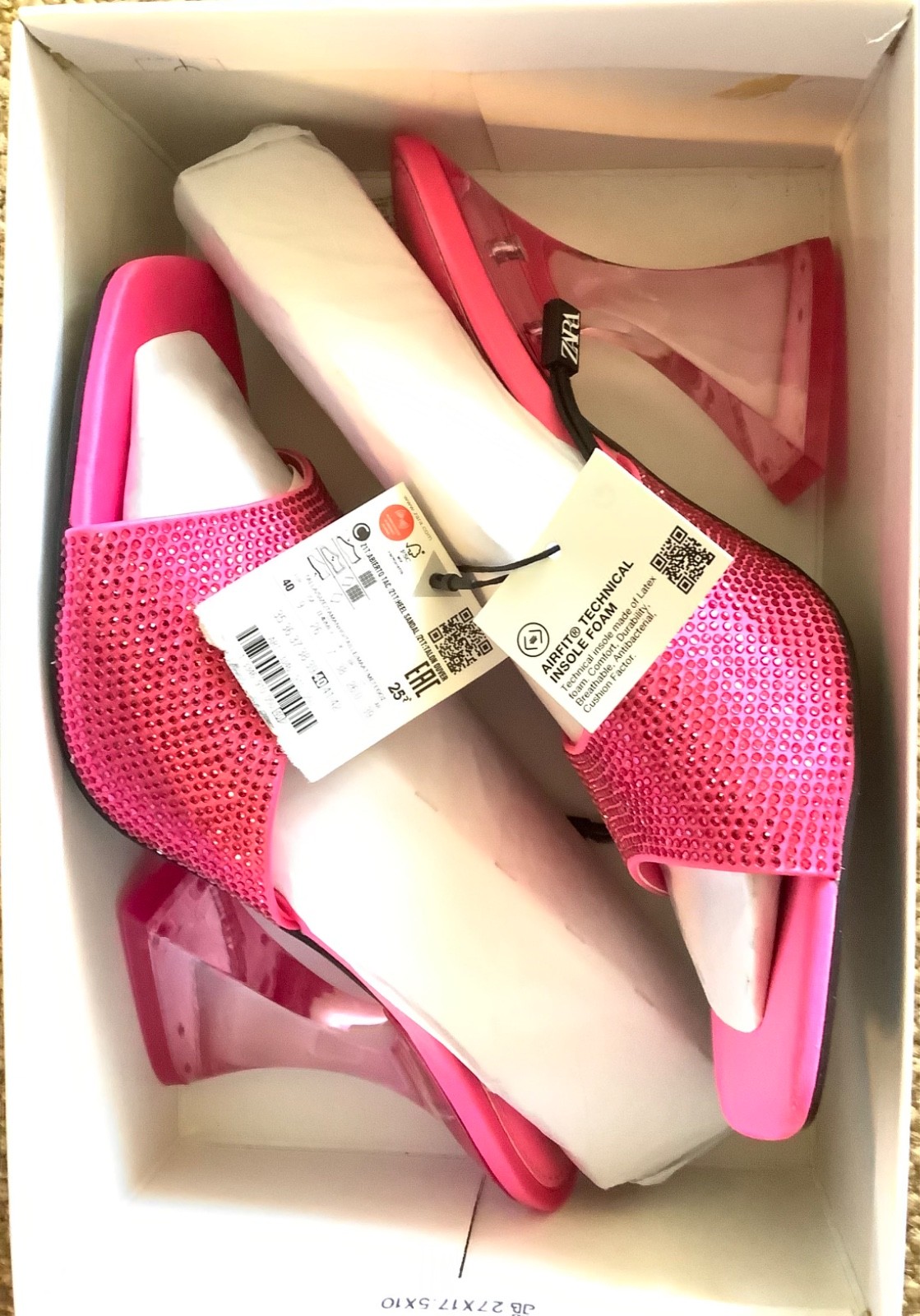 Zara Hot Pink Methacrylate Heels Sandals NWT Crystal Slip Ons Open Toe New 4in g image 3