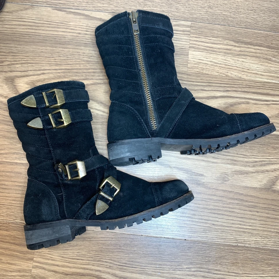 Shellys London Boots Womens 9 Black Leather Suede Biker Moto Boot Buckle Shoes - Image 2 of 4