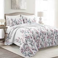 Mirabelle Watercolor Floral Reversible 3 Piece Quilt Set King Blue Coral