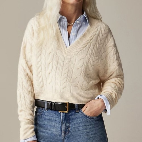 J. Crew Medium Cashmere Cropped Cable-knit V-neck Sweater Cream