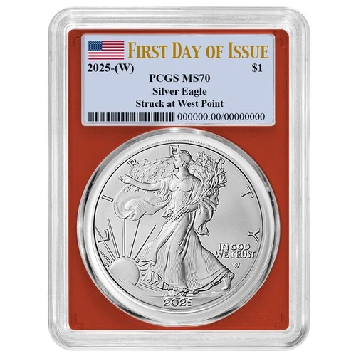 2025 (W) $1 American Silver Eagle PCGS MS70 FDOI Flag Label Red Frame