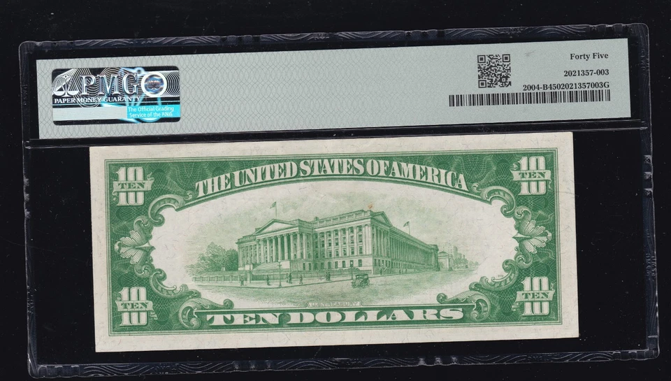 US 1934 $10 FRN New York Light Green Seal FR 2004-B  PMG 45 Ch XF (522) - Image 2 of 2