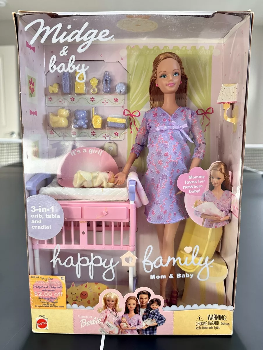 Happy Family Midge Barbie Pregnant Mattel 2002 with Baby without Belly Baby  Bed and Accessories Vintage