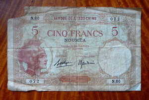 5 Francs Banknote from New Caledonia P# 36  1926  Good to Fine