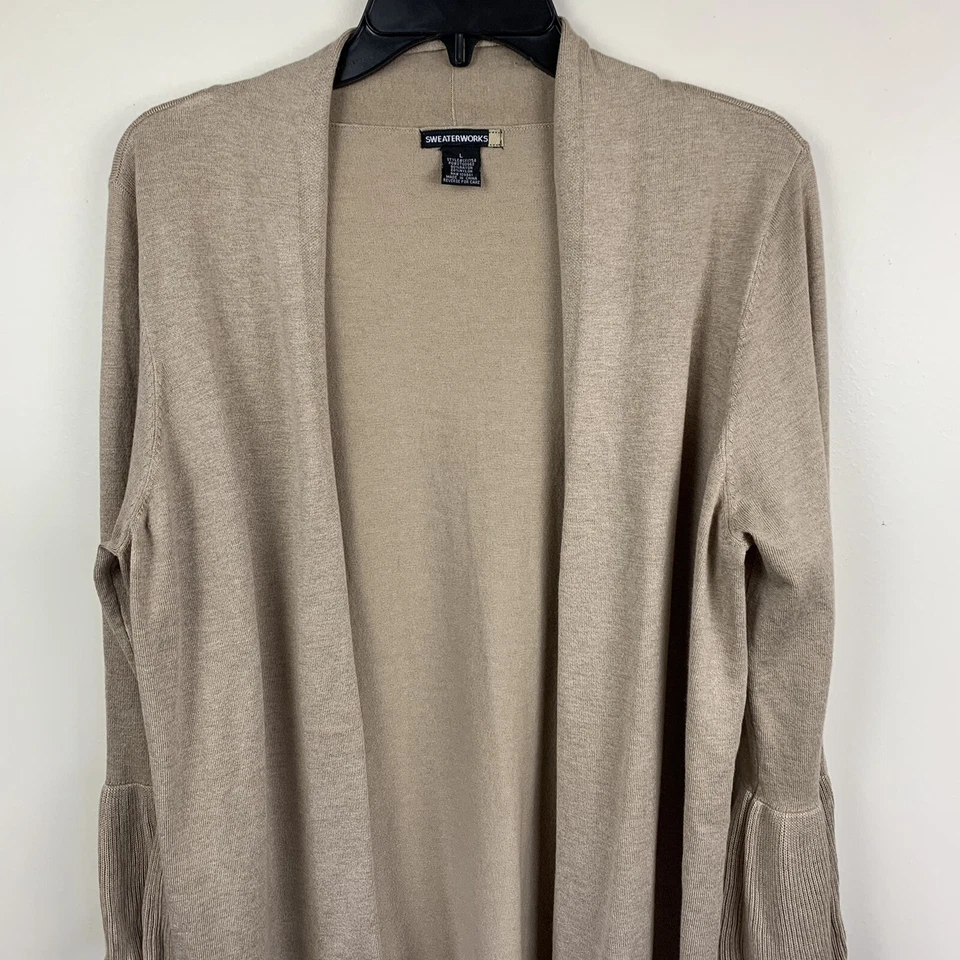 Женский длинный кардиган Sweaterworks с открытой передней частью свитер с оборками манжеты размер большой желтовато-коричневый - Изображение 2 из 4