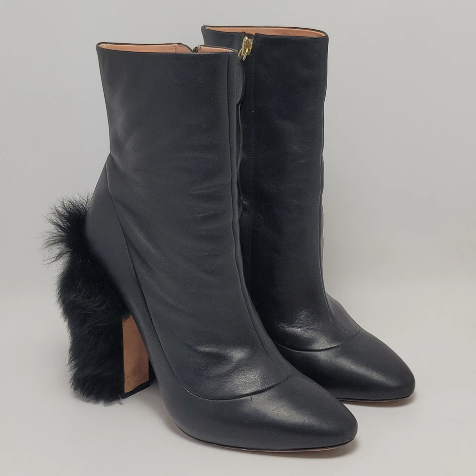 Ботинки Rochas на лодыжке черные кожаные боковые на молнии меховые на каблуке миндальные ботинки размер 40 - Изображение 3 из 4