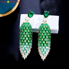 Beauty Yellow Gold Plated Green CZ Round Long Oval Dangle Drop Earring for Women