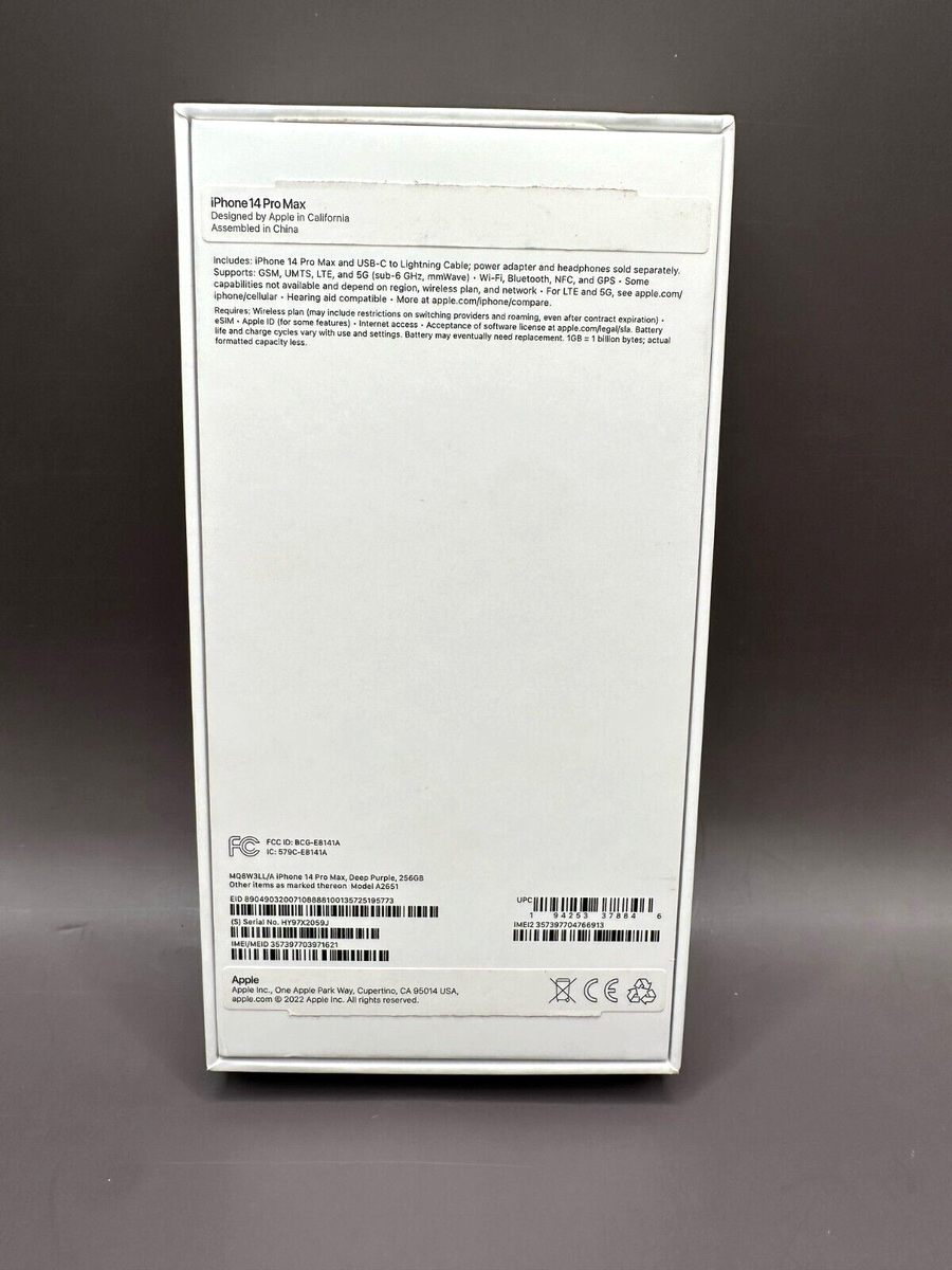IPHONE 14 PRO MAX 256GB DEEP PURPLE Model A2651 - Empty Box IPHONE 14 PRO MAX 256GB DEEP PURPLE Model A2651 - Empty Box