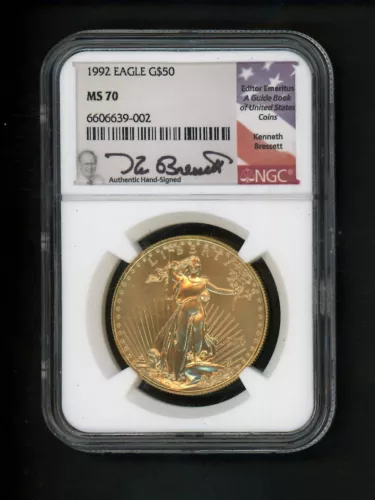 1992 US 1 oz Gold American Eagle $50 NGC MS70 FLAG Ken Bressett Signed RARE DATE