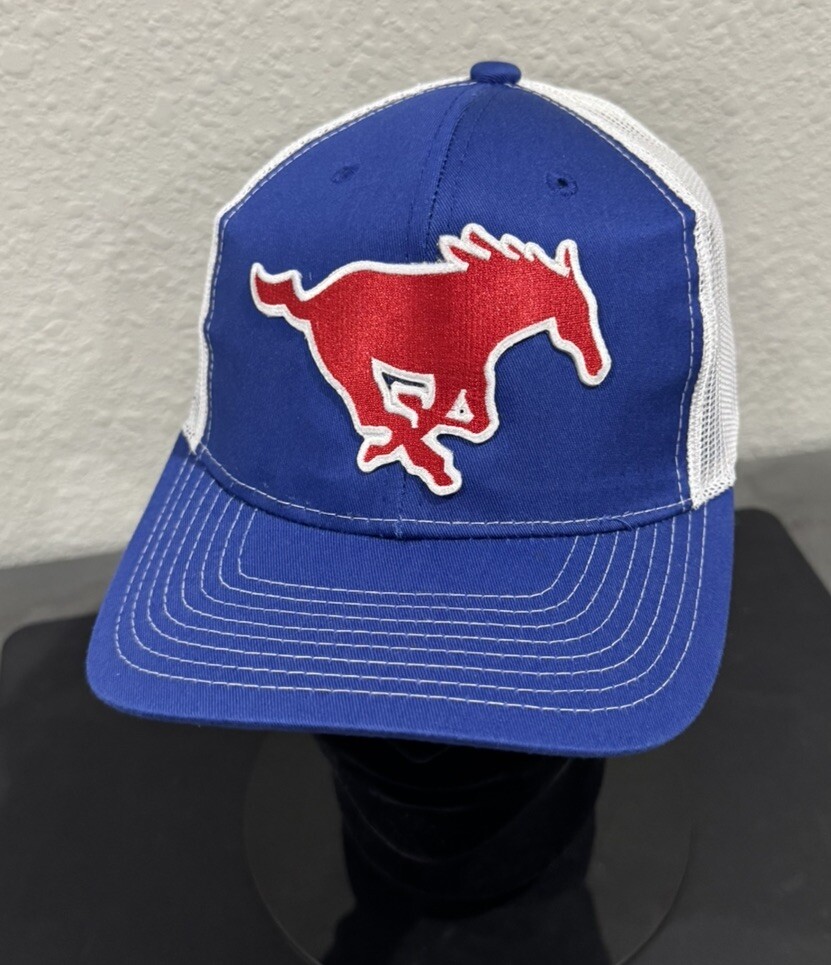 CAPPELLO TRUCKER SMU SOUTH METODIST MUSTANG PONY EXPRESS LOGO ADULTO SNAPBACK NUOVO