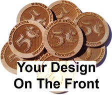 Custom GeoCoin Geocaching Laser Engraved Wooden Nickel Swag 25 Pack Personalized