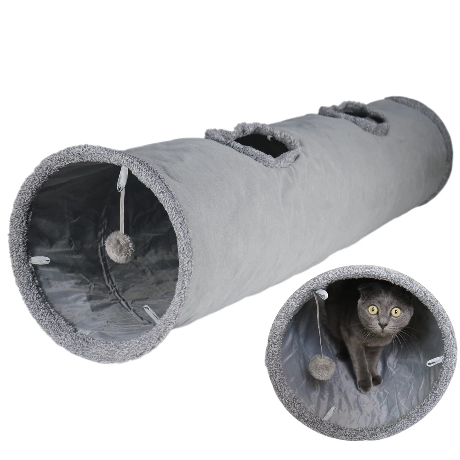 Cat Tunnel for Indoor Cats, 51×12 inch Foldable Big Cat Tunnel, Grey Suede Pe...