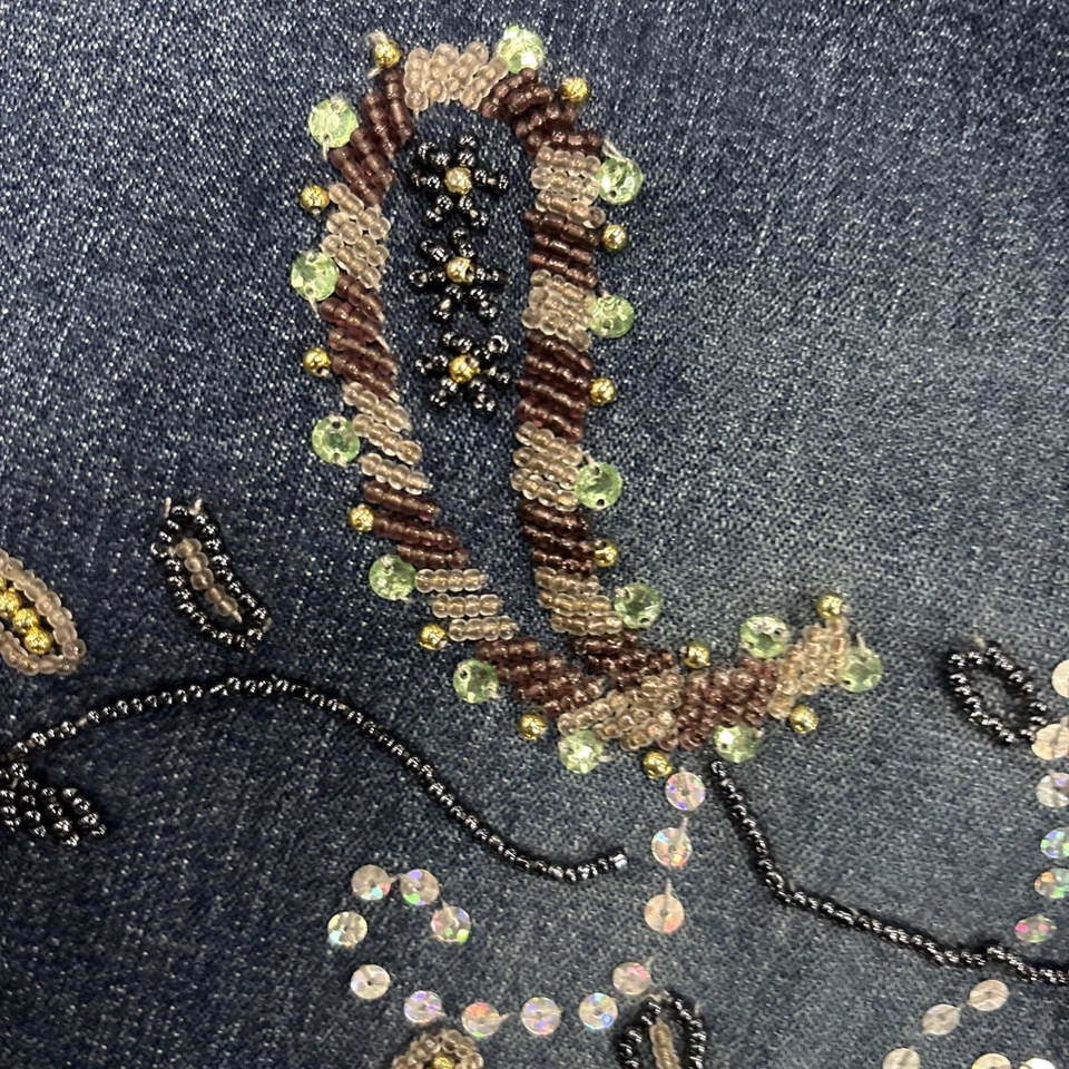 Pantalones de mezclilla para mujer Willi Smith adornados talla 12 boho florales muy buenos dobladillo Foto 4 de 4