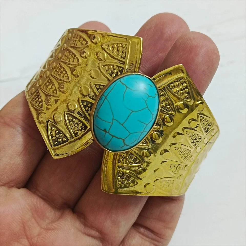 Handmade brass cuff with synthetic turquoise stone Egypt antique-style jewelry - Image 2 of 4