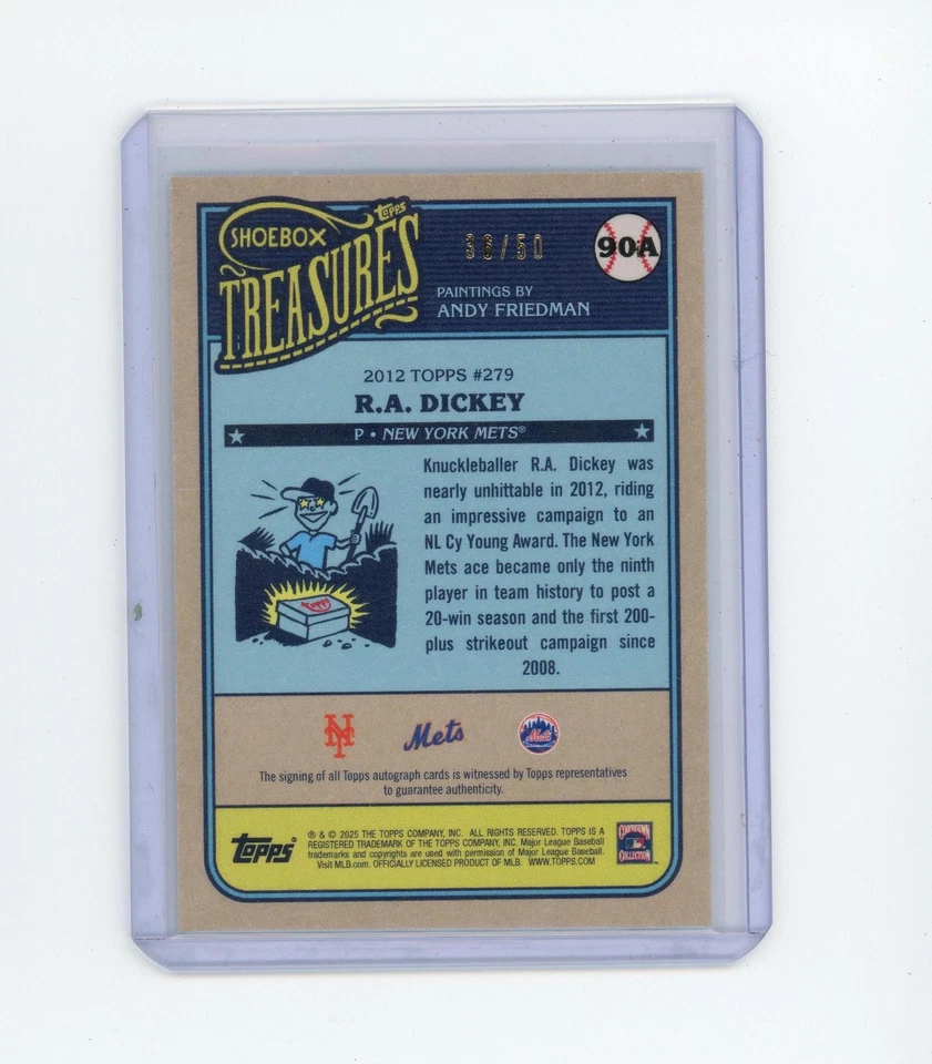 Filtro sepia R.A. Dickey Auto 2025 Topps Shoebox Treasures #90A/50 Foto 2 de 2
